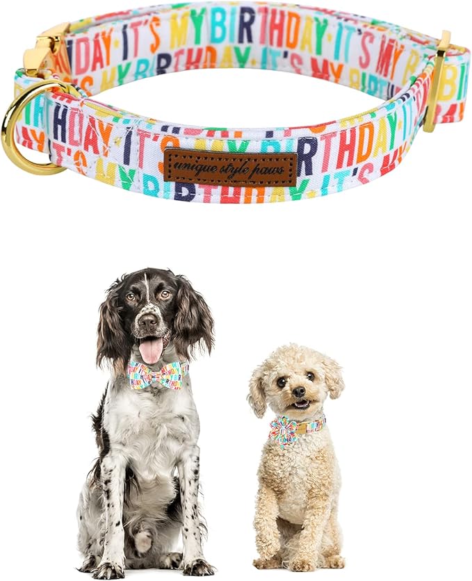 Unqiue Style Paws Birthday Dog Collar, Soft and Cute Dog Bow Tie, Durable Pet Collar with Bow Adjustable Bow Dog Collar for Large Dogs