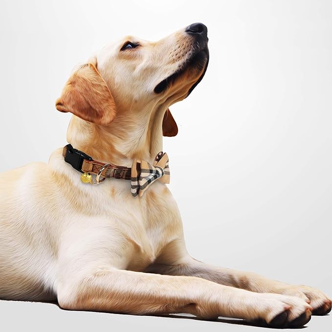 KUDES 2 Pack/Set Dog Collars with Bow Tie and Bells, Adjustable Cute Dog Bow Ties Collar for Small/Medium/Large Boys and Girls Pets (Black+Brown, L(14.2''-21.7''))