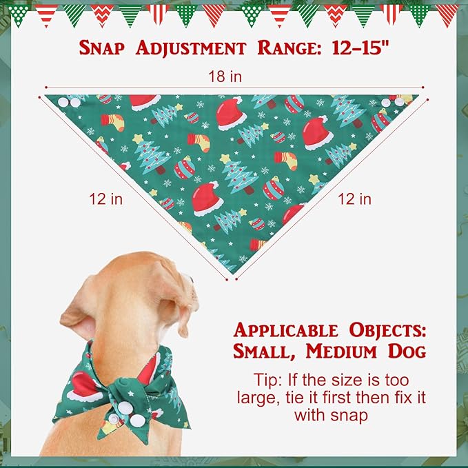 PAWCHIE Christmas Dog Bandanas 4 Pack, Reversible Dog Party Triangle Scarf Bibs, Pet Holiday Costume with Adjustable Snaps, Multiple Christmas-Themed Patterns for Small Medium Dogs Puppy, Cats, Pets