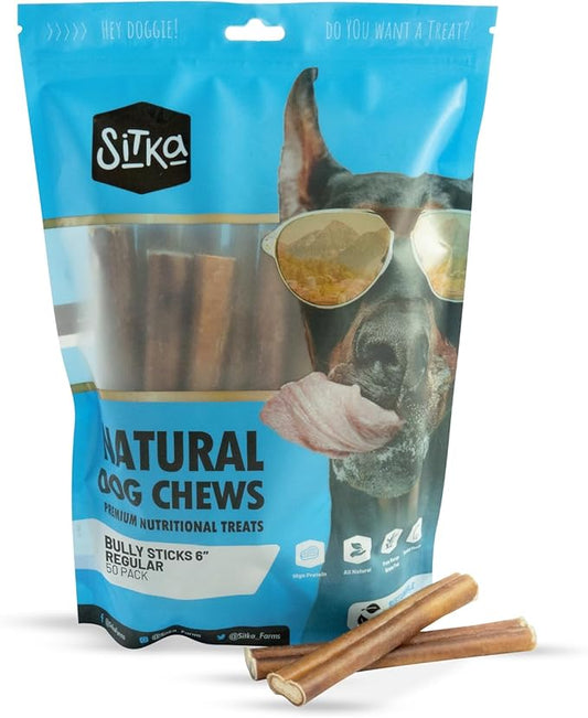 Sitka Farms Bully Sticks 6 inch - 50 Count - Premium High Protein Long Lasting Dental Dog Chew Treats - All Natural Beef Sticks for Dogs of All Breeds