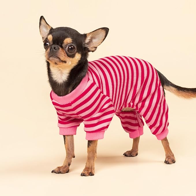 Fitwarm Pink and Red Striped Dog Pajamas, Waffle Dog Clothes for Small Dogs Girl Boy, Puppy Onesie with Feet, Pet Cat Outfit, XS
