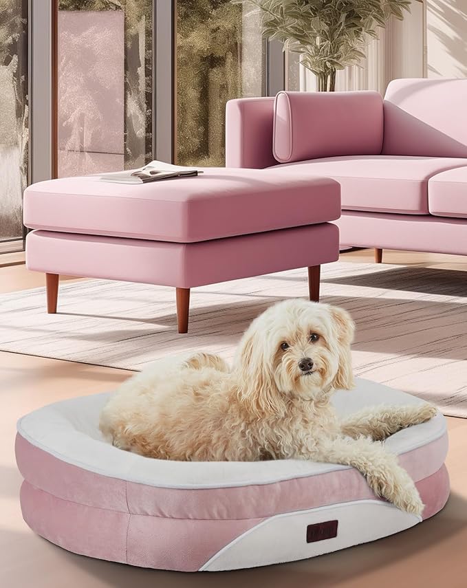 OhGeni Orthopedic Dog Couch Medium Sized Pet Beds for Fathers Gifts with Comfort Foam Support, Soft Indestructible Fabric, Machine Washable Waterproof Removable Cover, 28-Inch (Pink)