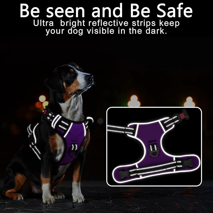 Timos Dog Harness Small Sized, No Pull with Neck Lockable Snap,No Choke Front Clip Dog Reflective Harness,Adjustable Metal Rings 3 Buckles,Easy Control Handle for Small Dogs Purple XS