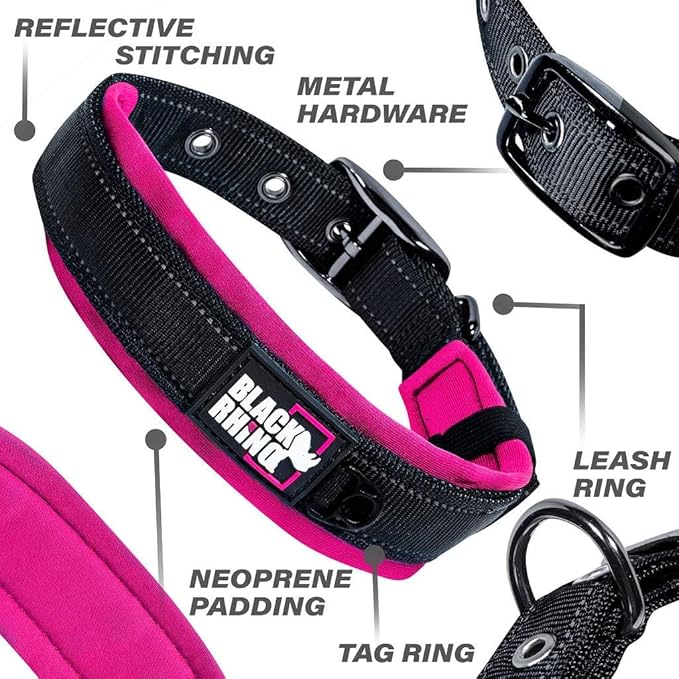 Black Rhino Dog Collars for Medium Dogs - Adjustable Reflective Heavy Duty Dog Collar with Ultra-Soft Neoprene Padding - Weatherproof, Durable, and Comfortable - Ideal for Active Dogs - Pink and Black