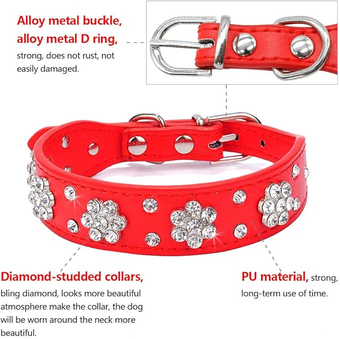 Cute Flower Rhinestone Dog Collar, Bling Collar PU Leather Adjustable Sizes S, M, L (Green)