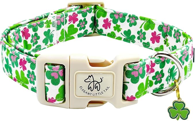 Elegant little tail St Patrick's Dog Collar-Green Cute Colver Cotton Shamrock Pet Collar Trefoil Holiday Adjustable Cotton Pet Collar with Quick Release Buckle for Small Medium Large Dogs
