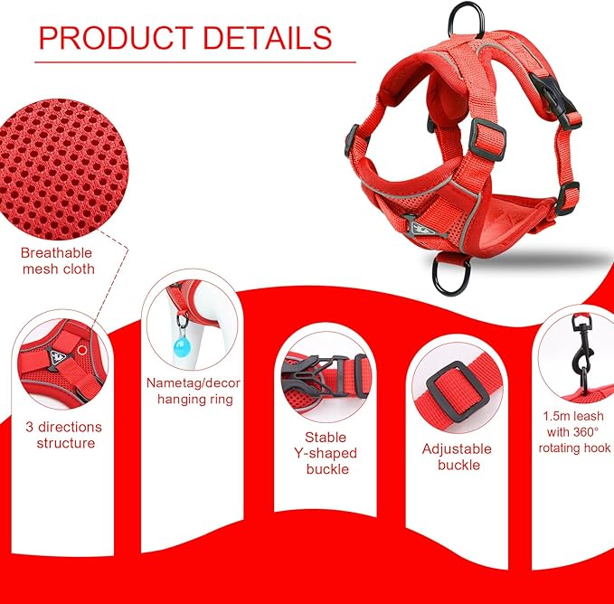 Cat Harness and Leash Set, Cat Escape Proof Adjustable Vest with Lead for Kitten Puppy Outdoor Walking, Soft Breathable Mesh Jacket with Reflective Strips (M, Red)