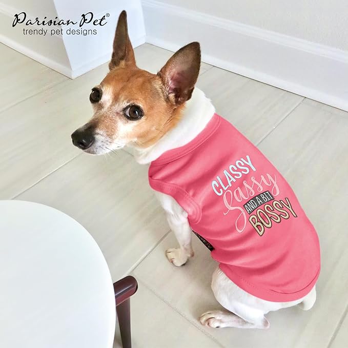 Parisian Pet Dog T-Shirt with Embroidered 'Classy, Sassy and Bit Bossy' - 100% Cotton, Pink Dog Clothes - Cute Pet Vest - Machine Washable Dog Shirt for Large Dogs, L