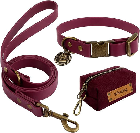Wisedog Dog Collar and Leash Set Combo: Adjustable Durable Pet Collars with Dog Leashes for Small Medium Large Dogs, Includes One Bonus of Poop Bag Holder (S, Burgundy)