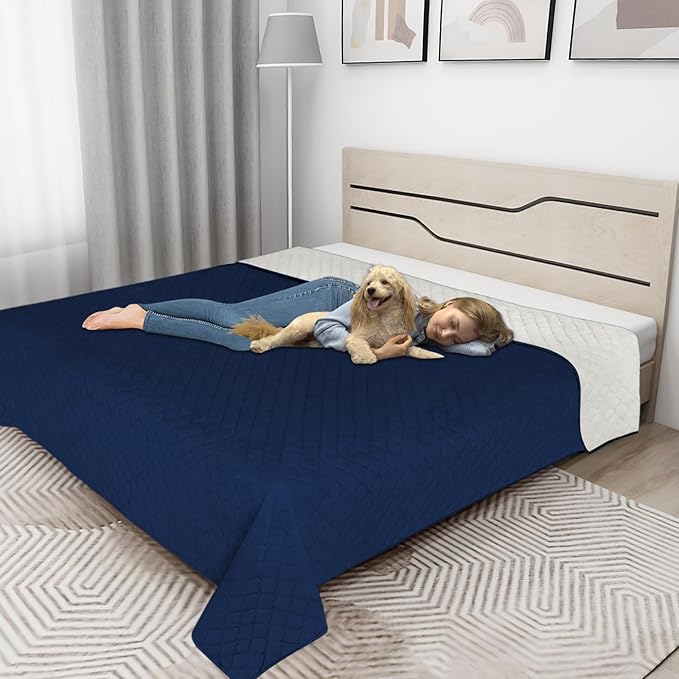 Easy-Going 100% Waterproof Dog Bed Cover Reversible Leak Proof Couch Cover Washable Sofa Cover Furniture Protector Blanket for Pets Kids Children Dog Cat (110x90 Inch, Navy/Ivory)