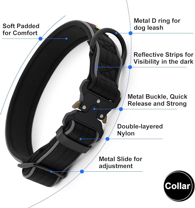 Plutus Pet Tactical Dog Collar, Reflective, Adjustable Heavy Duty Dog Collar, Soft Padded and Comfortable, for Small Medium and Large Dogs (Black, M)