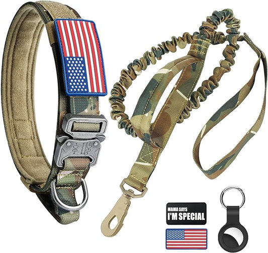 Tactical Dog Collar and Bungee Leash, Camo Military Dog Collar & Leash Set with USA American Flag Adjustable K9 Collar with Heavy Duty Metal Buckle & Handle,with Patches and Airtags Case (XL, Camo)