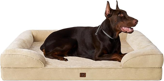 EHEYCIGA Orthopedic Dog Beds for Extra Large Dogs, Waterproof Memory Foam XXL Dog Bed with Sides, Non-Slip Bottom and Egg-Crate Foam Big Pet Couch Bed with Washable Removable Cover, Greige
