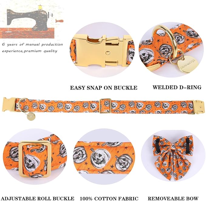 DOGWONG Fall Dog Collar with Bowtie - Fall Dog Collar Soft Cotton Autumn Dogs Necklace - Halloween Puppy Necklace for Small Medium Large Dogs