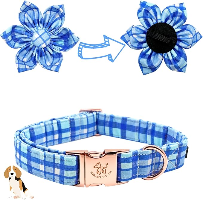 Elegant Little Tail Flower Dog Collar - Blue Plaid, Cute, Adjustable for X-Small Puppy & Cat