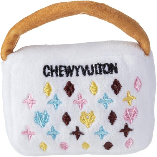 Haute Diggity Dog White Chewy Vuiton Handbag, Plush Designer Dog Toys with Interactive Squeaker, Stimulating Pet Enrichment, Machine-Washable & Safe Materials for All Breeds, Size Small