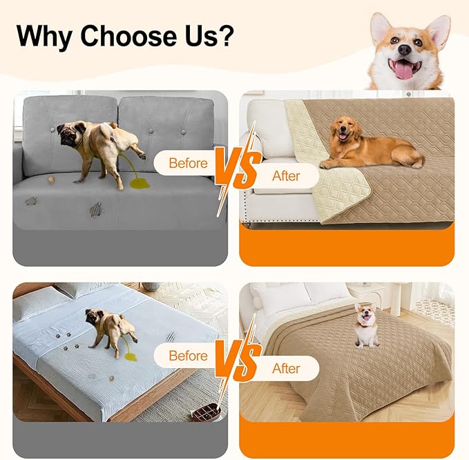Smiry Waterproof Dog Blanket, 82x82 Inch Soft Pet Bed Cover Reversible, Washable Sofa Couch Furniture Protector for Small Medium Large Dog Puppy Cat, Camel/Beige