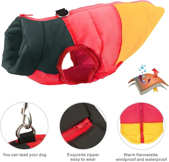 Idepet Pet Dog Cat Coat with Leash Anchor Color Patchwork Padded Puppy Vest Jacket Teddy Chihuahua Costumes Pug Cloth XS S M L (X-Small (Pack of 1), Yellow)