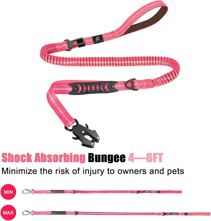 Raipult Tactical Strong Bungee Dog Leash, Pink Shock Absorbing Dog Leash with Traffic&Padded Handles, Military K9 Working Lead with Car Seatbelt for Medium Large Dogs up to 150lbs