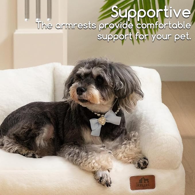 Hollypet Fluffy Plush Pet Cat Couch Soft Calming Pet Sofa Beds for Medium Small Cats and Dogs, White