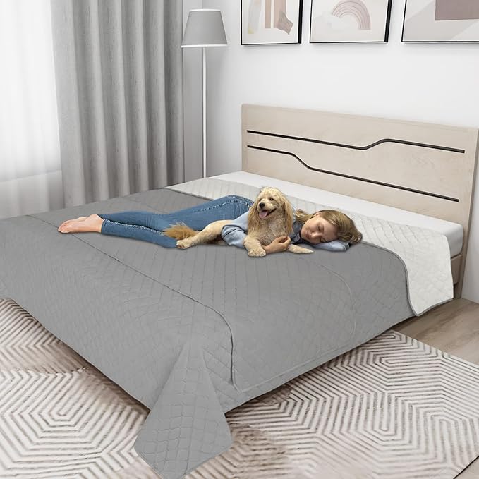 Easy-Going 100% Waterproof Dog Bed Cover Reversible Leak Proof Couch Cover Washable Sofa Cover Furniture Protector Blanket for Pets Kids Children Dog Cat (96x90 Inch, Light Gray/Ivory)