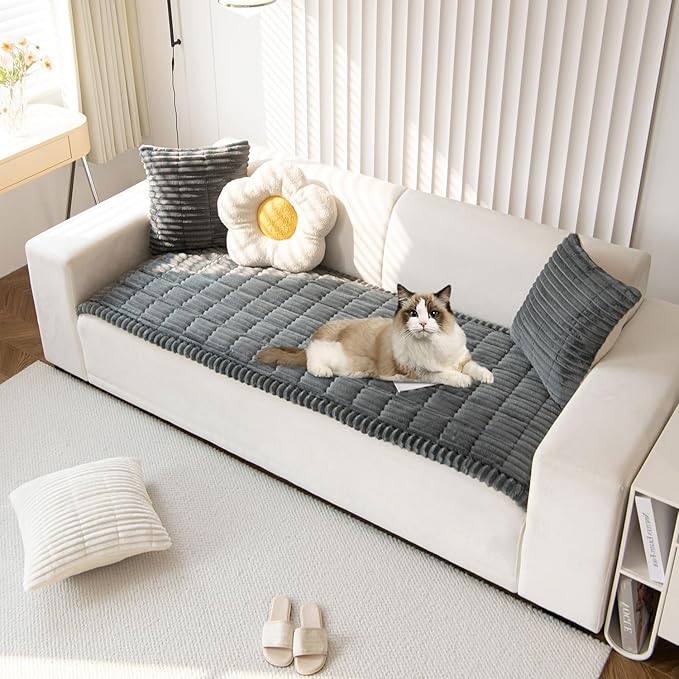 OTOB Dog Couch Cover Protector, Washable Non Slip Pet Friendly Sofa Cover for Dogs, Fuzzy Pet Furniture Couch Covers for Sofa, Boho Soft Couch Covers Protector (27.6" x 59", Dark Gray)