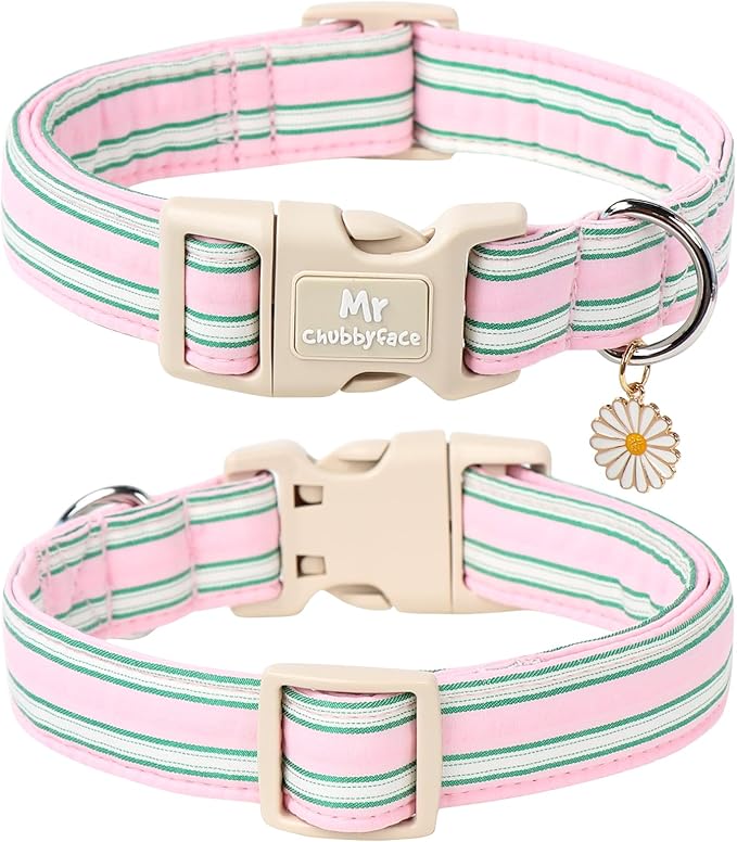 Cotton Dog Collar, Cute Pink Summer Puppy Collar with Plastic Buckle, Adjustable Soft Natural Fabric Pet Collar for Small Medium Large Dogs