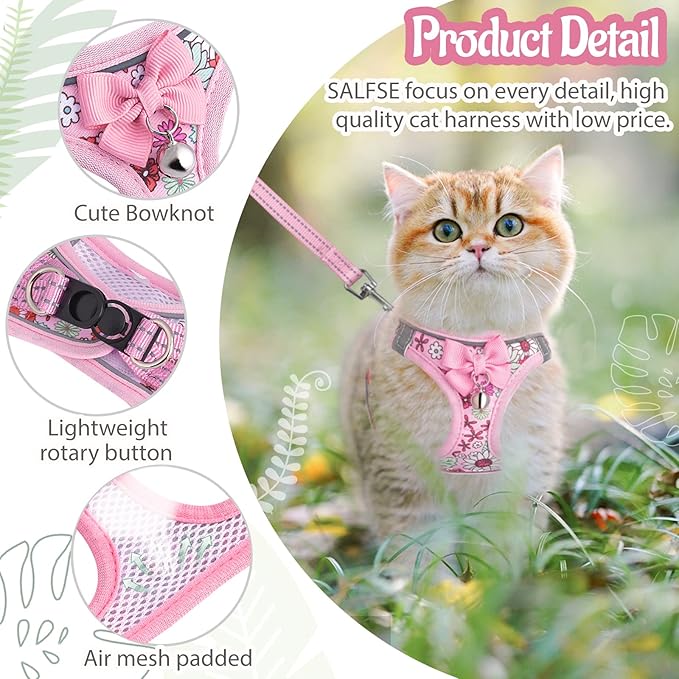 Cat Harness and Leash Escape Proof for Walking, Adjustable Soft Kitten Harness with Reflective Straps Step in Cat Vest Harness for Small Kitten and XS Dogs (Pink, XXS-Chest(8.7"-10.2"))