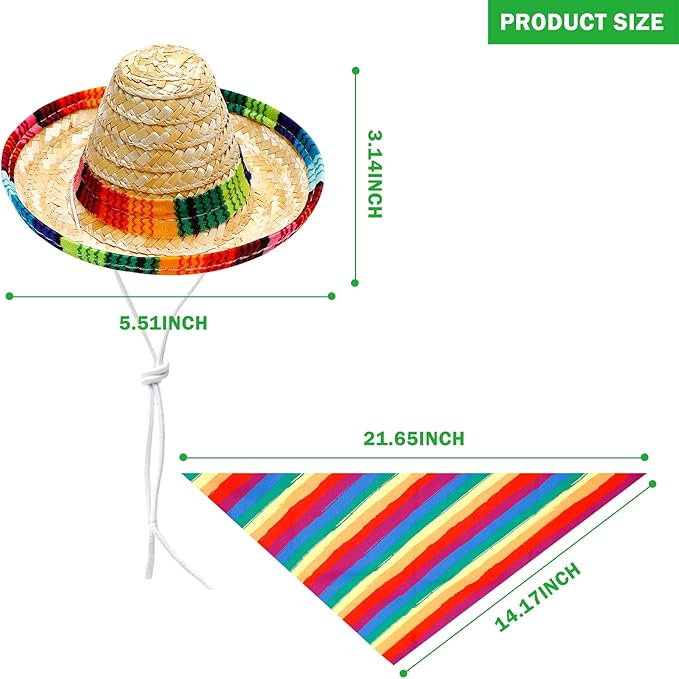 Dog Sombrero Hat and Dog Triangle Scarf Bib, Multicolored Sombrero Costume Rainbow Mouth Towel for Small Pets Mexican Party Decorations