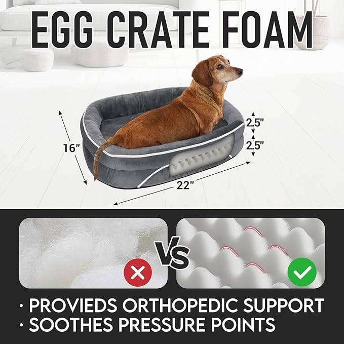 OhGeni Orthopedic Dog Couch Small Sized Pet Beds for Fathers Gifts with Comfort Foam Support, Soft Indestructible Fabric, Machine Washable Waterproof Removable Cover, 22-Inch (Gray)