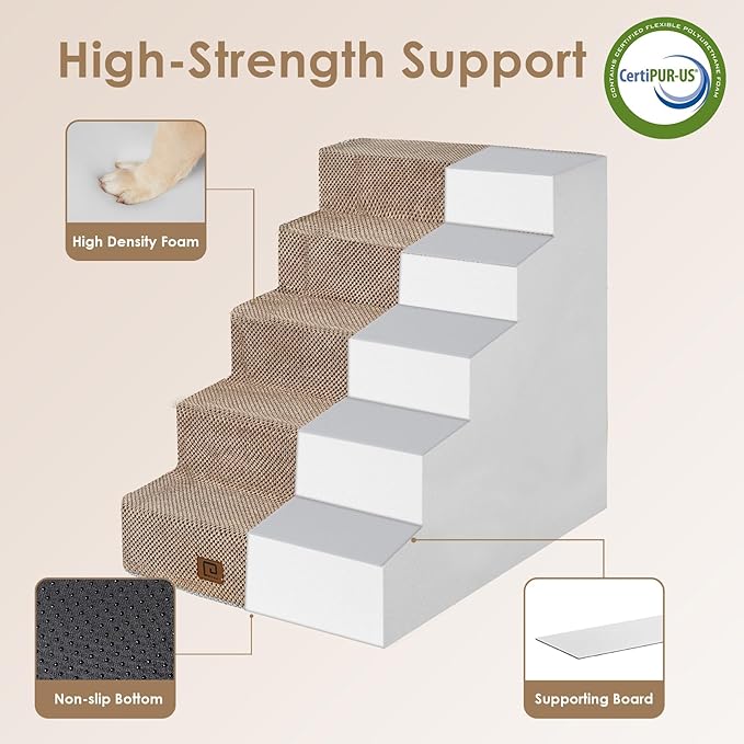 EHEYCIGA Dog Stairs for High Bed 25”H, 5-Step Extra Wide Dog Steps for Bed, Pet Steps for Small Dogs and Cats, Non-Slip Balanced Dog Indoor Ramp, Camel
