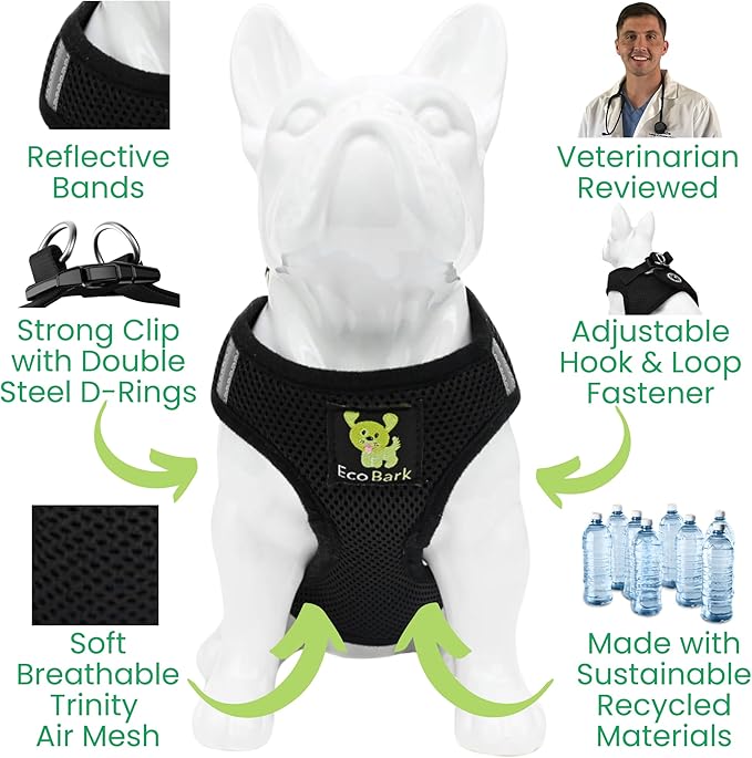 EcoBark Step in Dog Harness - Eco-Friendly Small Breed Harnesses for Small and Medium Dogs - Reflective and Adjustable Mini Body Halter Vest -Tiny Soft Mesh Toy Breed Harness (Black, Large)