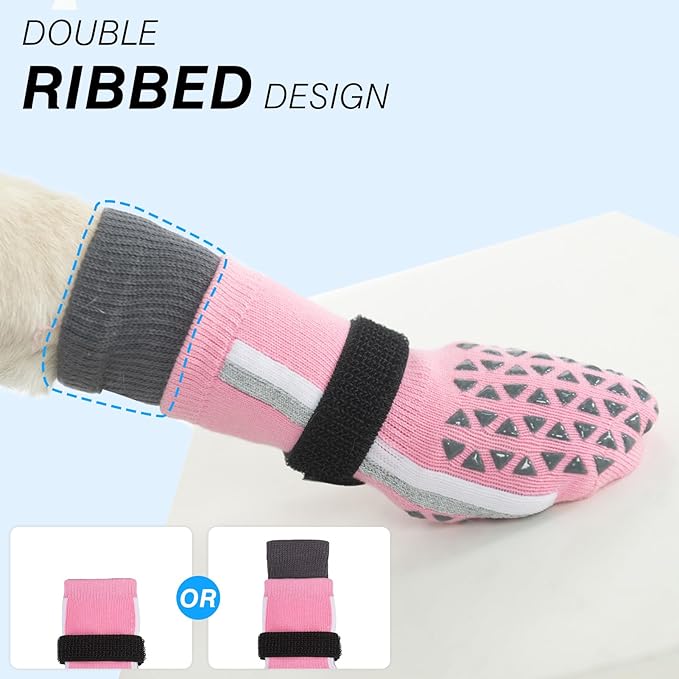 SCENEREAL Anti Slip Dog Socks for Hot Pavement to Prevent Licking Paws, Long Sporty Style Reflective Dog Grip Socks for Hardwood Floors, Dog Shoes Booties&Paw Protector for Large Senior Dog, Pink XL