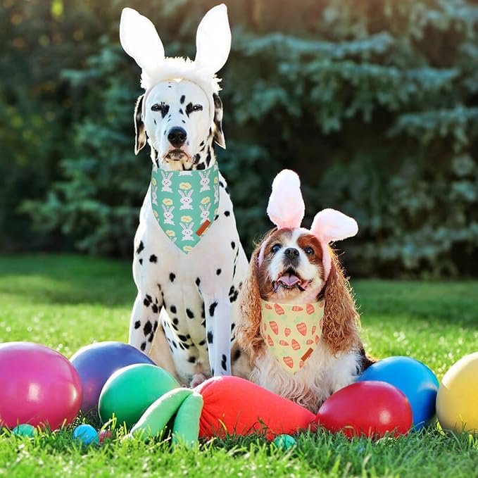 PTDECOR Easter Dog Bandana, Green and Yellow Rabbit Carrot Reversible Holiday Dog Scarf, Multi Size, Triangle Pet Easter Bandanas for Large and Extra Large Dogs Pets (X-Large)