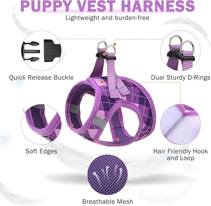 SCENEREAL Dog Harness Collar and Leash Set, Step-in No Pull Pet Vest Harnesses for Small Medium Dogs Puppy Cats, Soft Mesh No-Chock Reflective Vest Harness for Outdoor Walking Running, Purple Plaid M