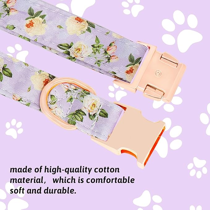 Dog Collar and Leash Set Girls Adjustable Puppy Collars with Floral Bow Tie for Small Medium Large Female Dogs, Light Purple Flower, L