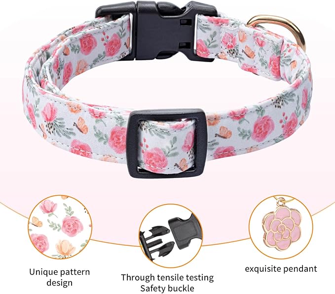 Cotton Dog Collar,Adjustable Cute Puppy Collar with Moon Patterned Design for Small Medium Large Dogs,Soft and Fancy Pet Collar with Safety Buckle for Girl Boy Dogs (Pink Flower, Medium)