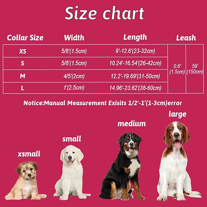 Dog Collar and Leash Set Girls Adjustable Puppy Collars with Floral Bow Tie for Small Medium Large Female Dogs, Red Rose, L