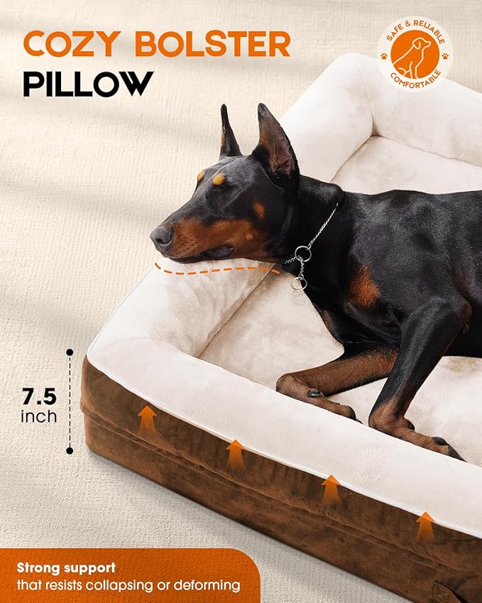 Orthopedic X-Large Dog Bed, Egg Foam Couch with Removable Washable Cover - Waterproof, Non-Slip, Four-Sided Bolster Dogs Bed, Brown