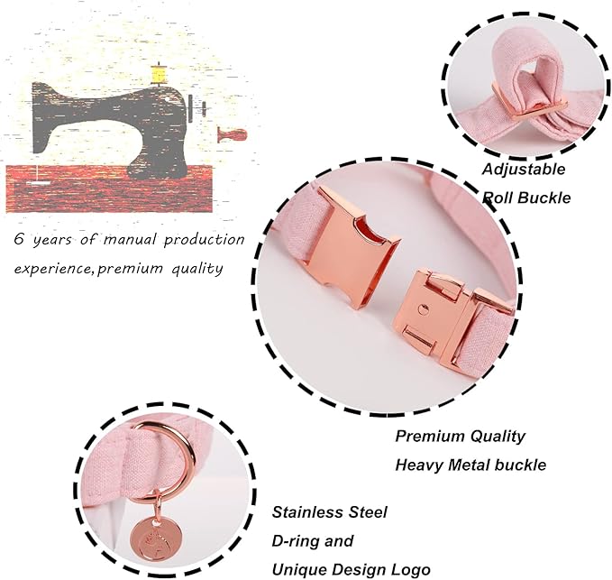 DOGWONG Cotton Dog Collar with Bow, Pink Pet Collar Durable Adjustable Puppy Collar for Small Medium Large Dogs