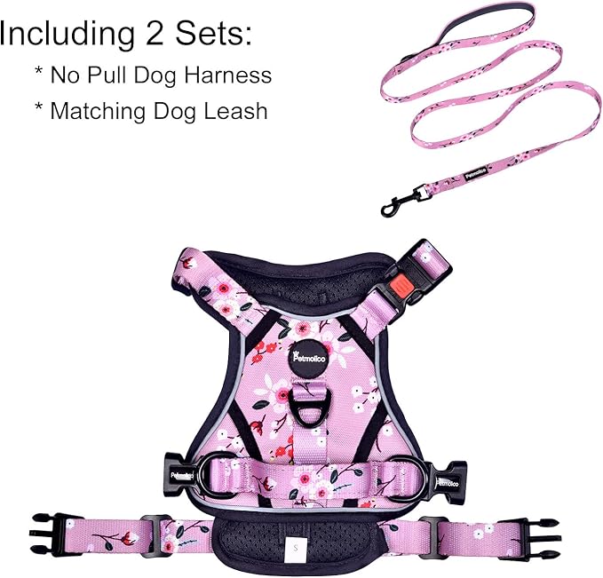 Petmolico Medium Dog Harness and Leash Set, No Choke 4 Leash Attachments Easy Control Handle Soft Padded Reflective Vest Dog Harness, Pink Plum