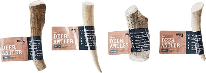 Amazon Brand – Wag Dog Deer Antler Chew, Naturally Shed. Whole, Small (Best for Dogs Under 15 lbs) 4–5.5 inches (Pack of 4)