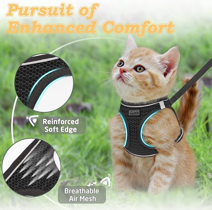 Cat Harness and Leash for Walking Escape Proof, Adjustable Kitten Vest Harness Reflective Soft Mesh Puppy Harness for Outdoor, Comfort Fit, Easy to Control (Black, XXS)