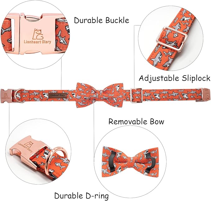 Lionheart Glory Shark Print Bow Collar - Adjustable for Small Dogs for Boys or Girls