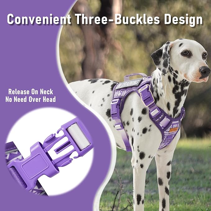 Service Dog Vest Harness with 2 Velcro Patches, No Pull Dog Harness for Walking Training Hiking, Metal D-Rings Easy on/Off Neck Buckle Reflective Strips Soft Padded Handle, Purple