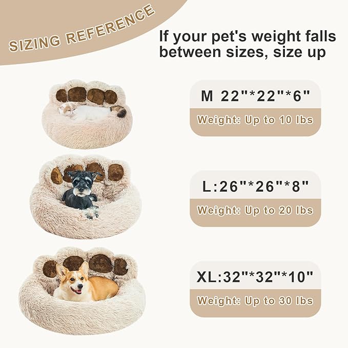Jiupety Paw Shape Calming Pet Bed, Plush Faux Fur Donut Bed for Dogs & Cats, Machine Washable, Non-Slip Bottom, Medium (22"×22"×6"), Camel