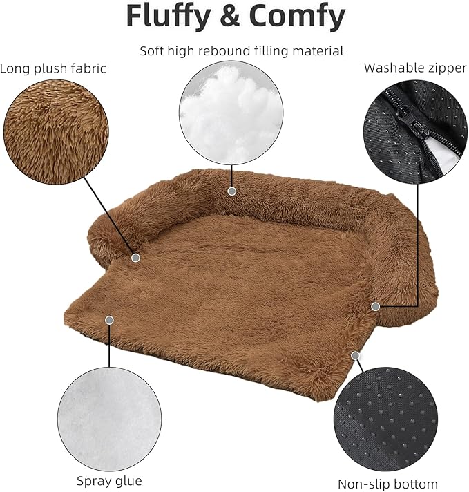 Calming Dog Bed Fluffy Plush Dog Mat for Furniture Protector with Removable Washable Cover for Large Medium Small Dogs and Cats (Large, Brown)