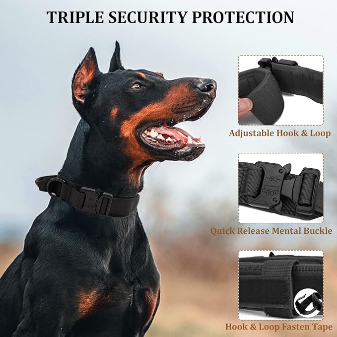 Tactical Dog Collar with Handle - Military Adjustable Dog Training Collar Soft Nylon and Heavy Duty Metal Buckle for Medium Large Dogs - with Patch (Black, X-Large)