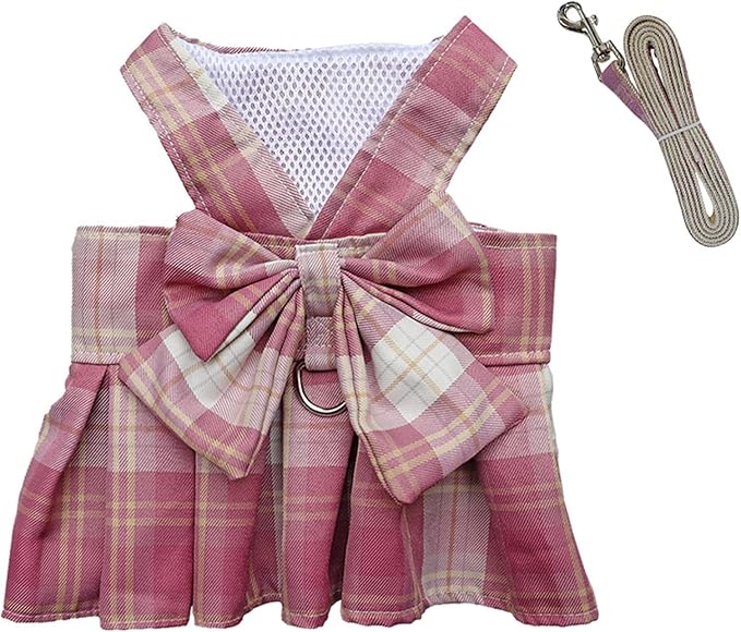 Dog Harness and Leash Set, Cute Bow Tie Plaid Harnesses for Puppy Cat, Adjustable Pet Kitties Vest, Breathable Harness Traction Rope for Boy Girl Small Animal(Skirt Dark Pink,M for 5.5-8.8lbs Dog)