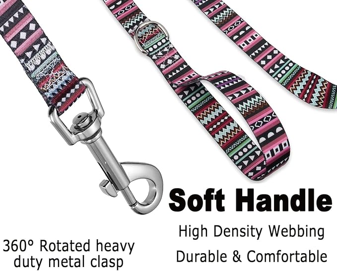 Dog Collar and Leash Set with Bohemia Floral Tribal Geometric Patterns - Soft Ethnic Style Collar Adjustable for Small Medium Large Dogs(Bohemian Purple Set,S)